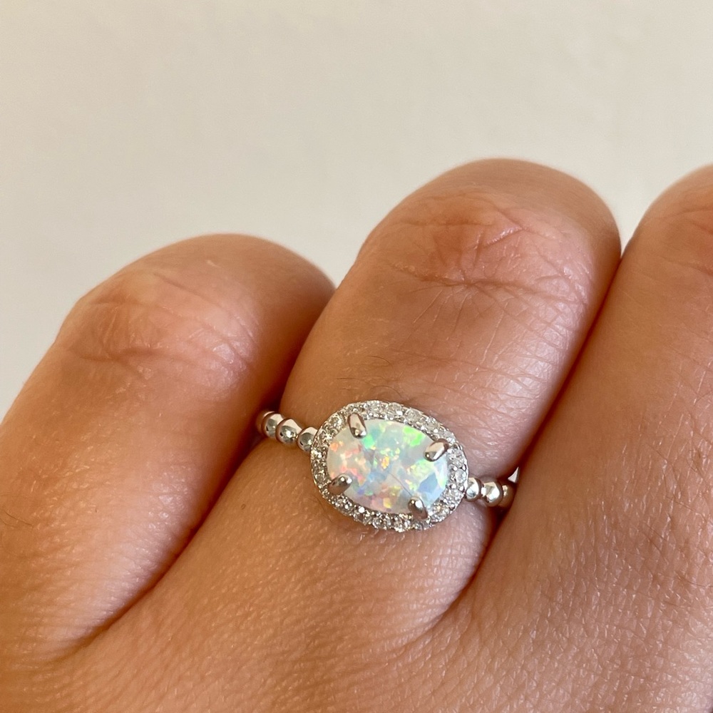 Opal Sideways Oval Opal Ring Sterling Silver CZ with Beaded Band Design